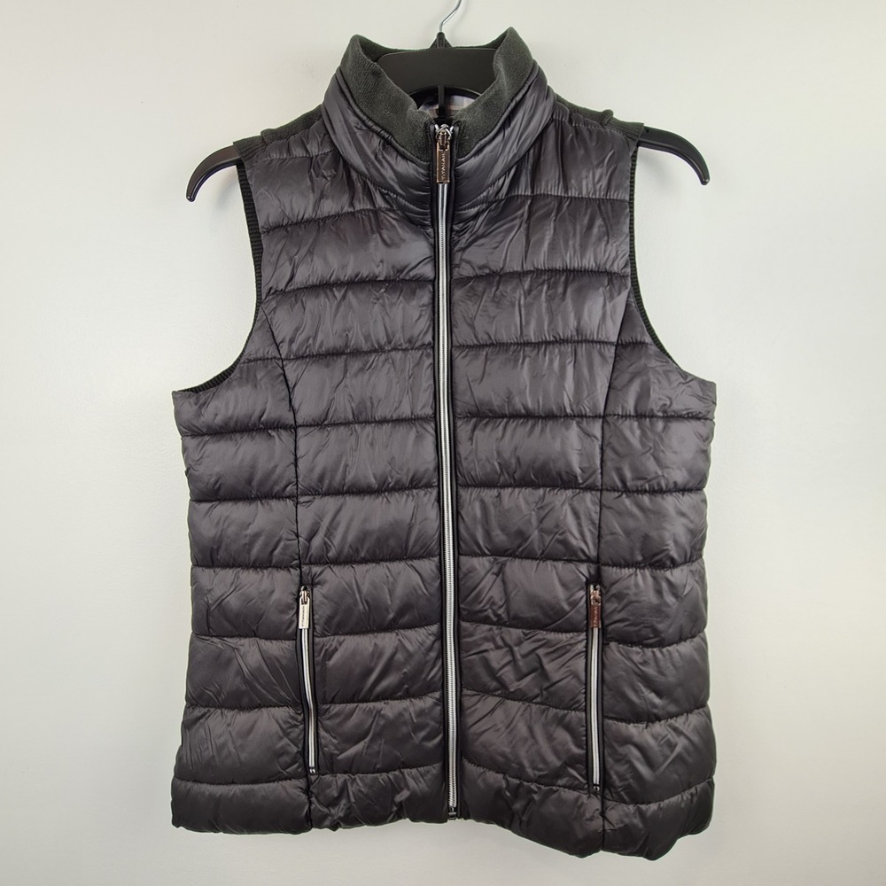 Tahari Womens Black Hybrid Puffer Vest S Knit Back Zip Mock Neck Mixed Media